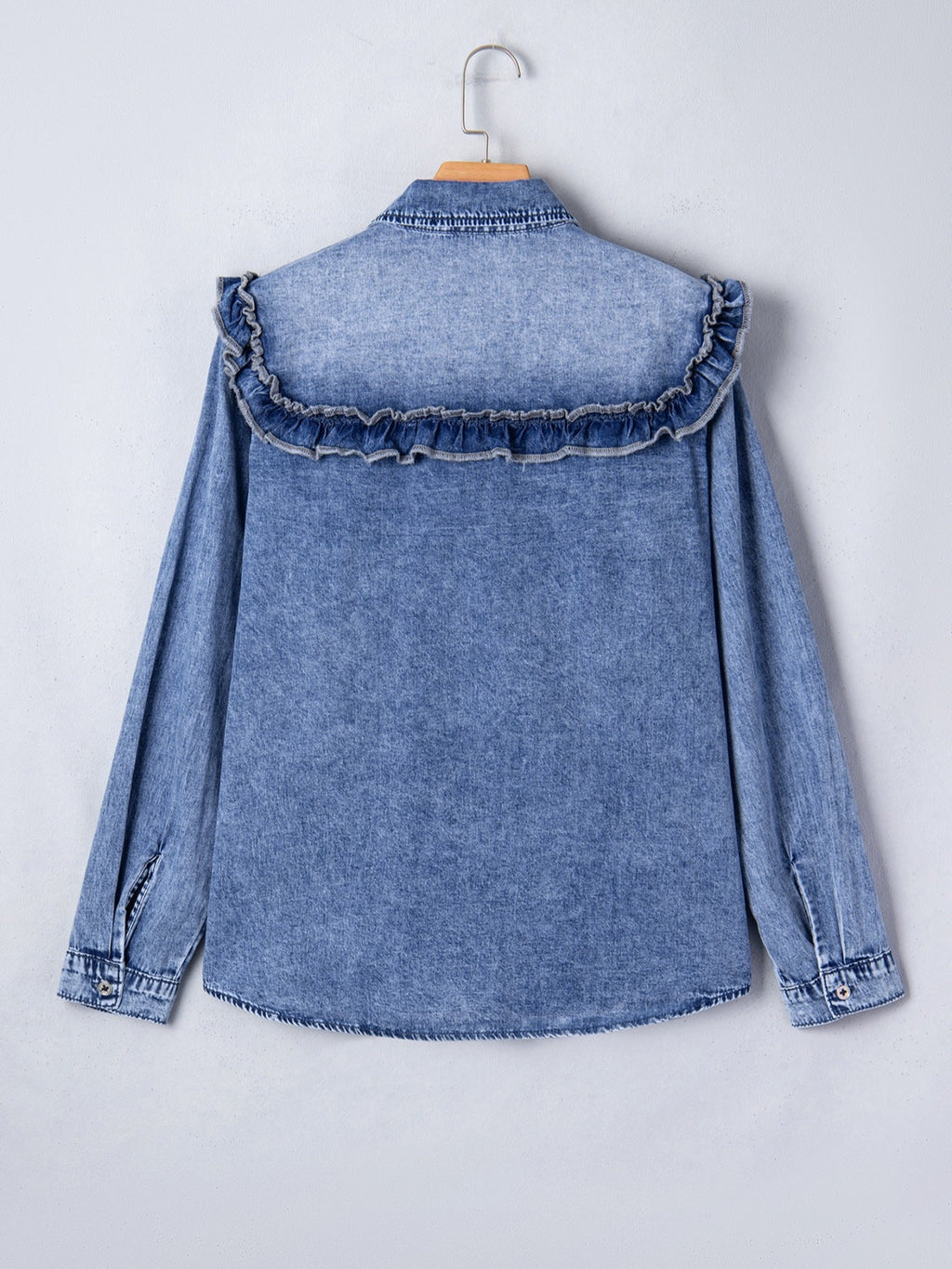 intage Wash Denim Ruffle Detail Button Down Shirt - Lara Moda