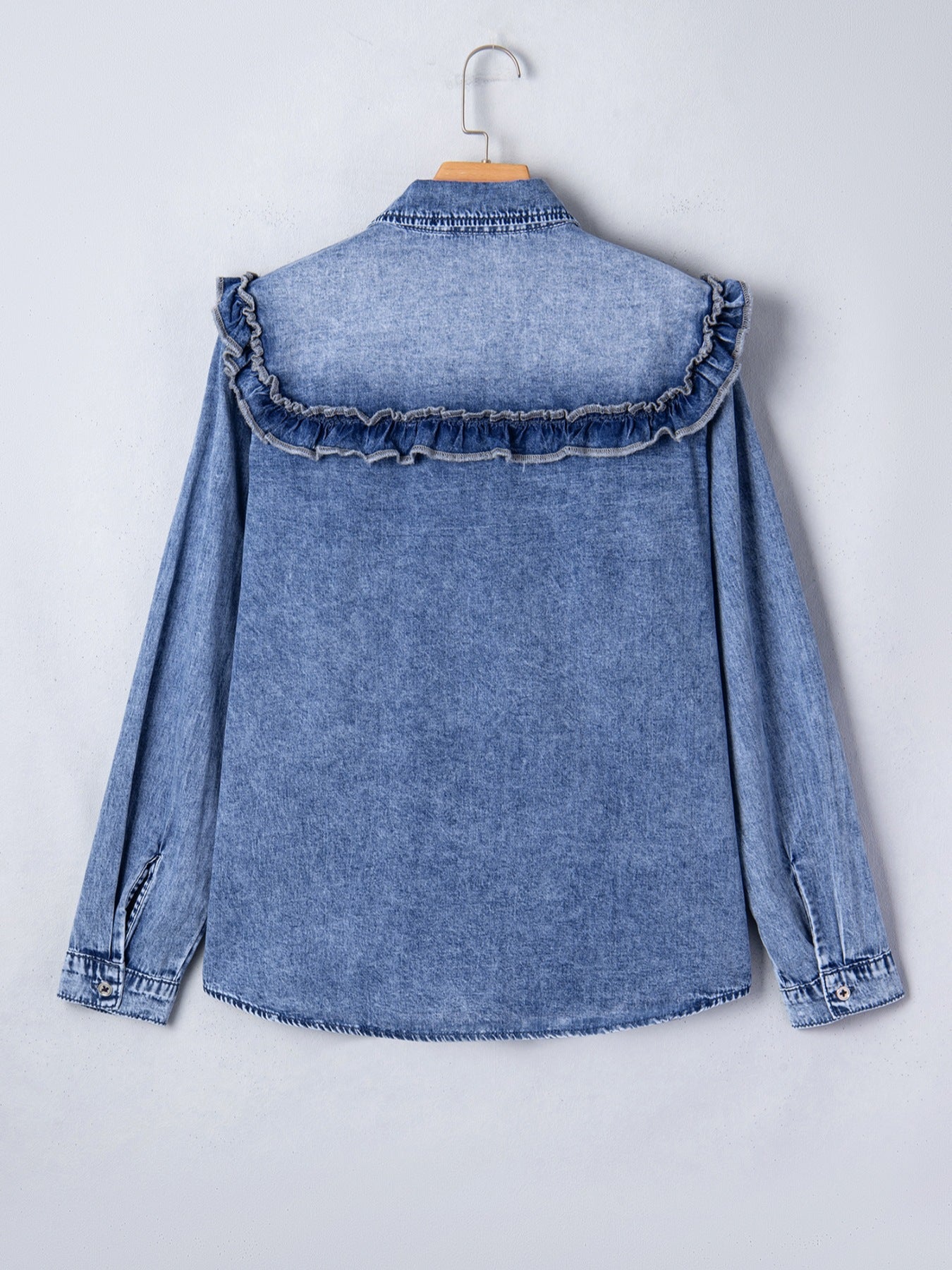 intage Wash Denim Ruffle Detail Button Down Shirt - Lara Moda