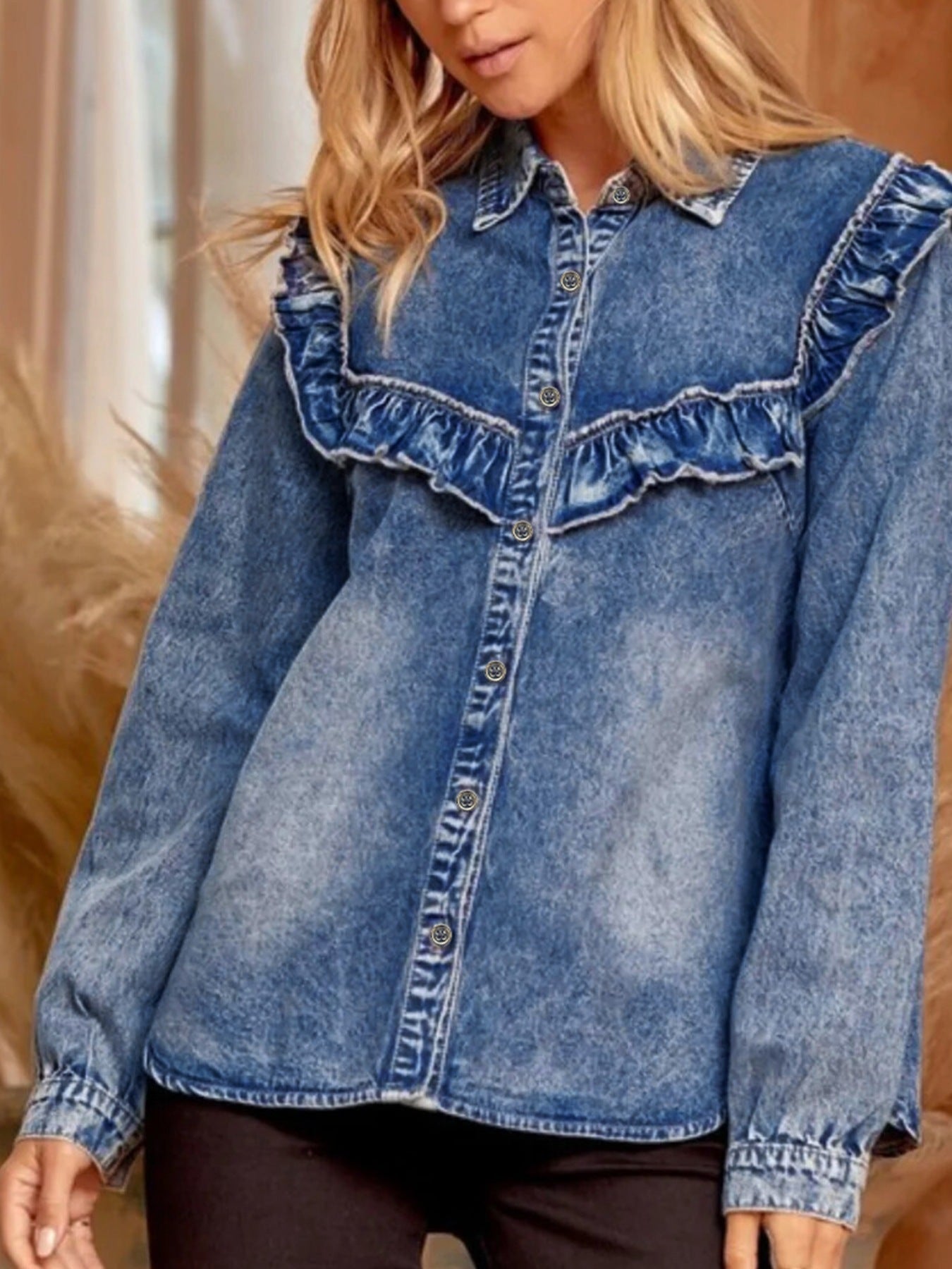 intage Wash Denim Ruffle Detail Button Down Shirt - Lara Moda