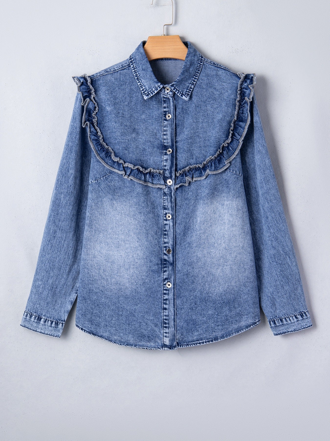intage Wash Denim Ruffle Detail Button Down Shirt - Lara Moda