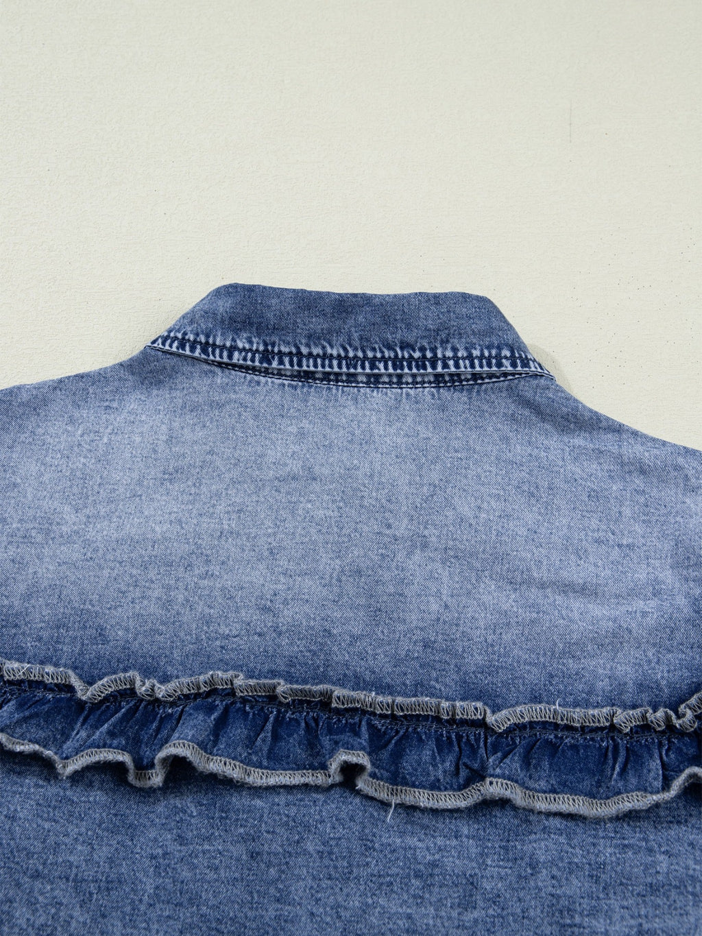 intage Wash Denim Ruffle Detail Button Down Shirt - Lara Moda