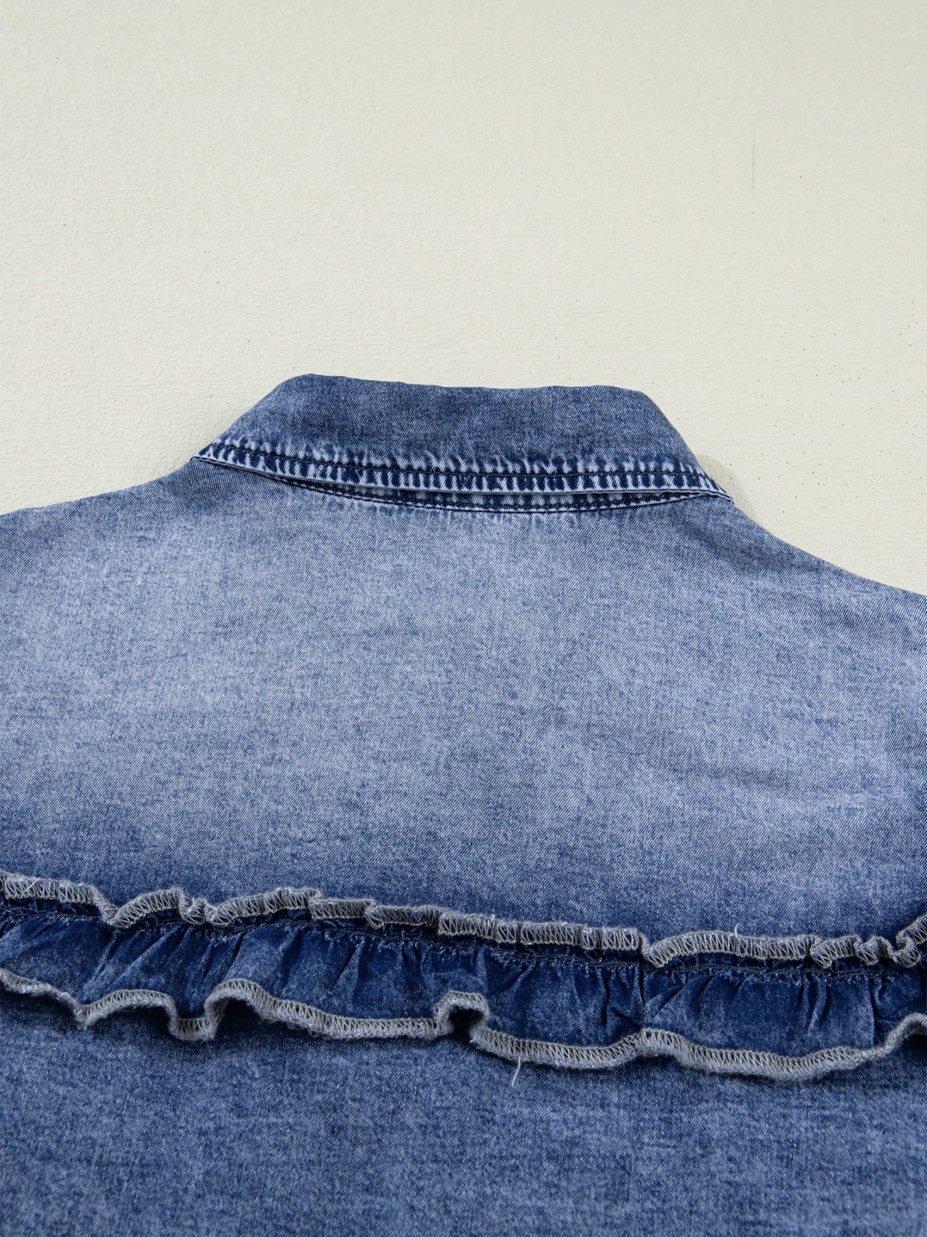 intage Wash Denim Ruffle Detail Button Down Shirt - Lara Moda