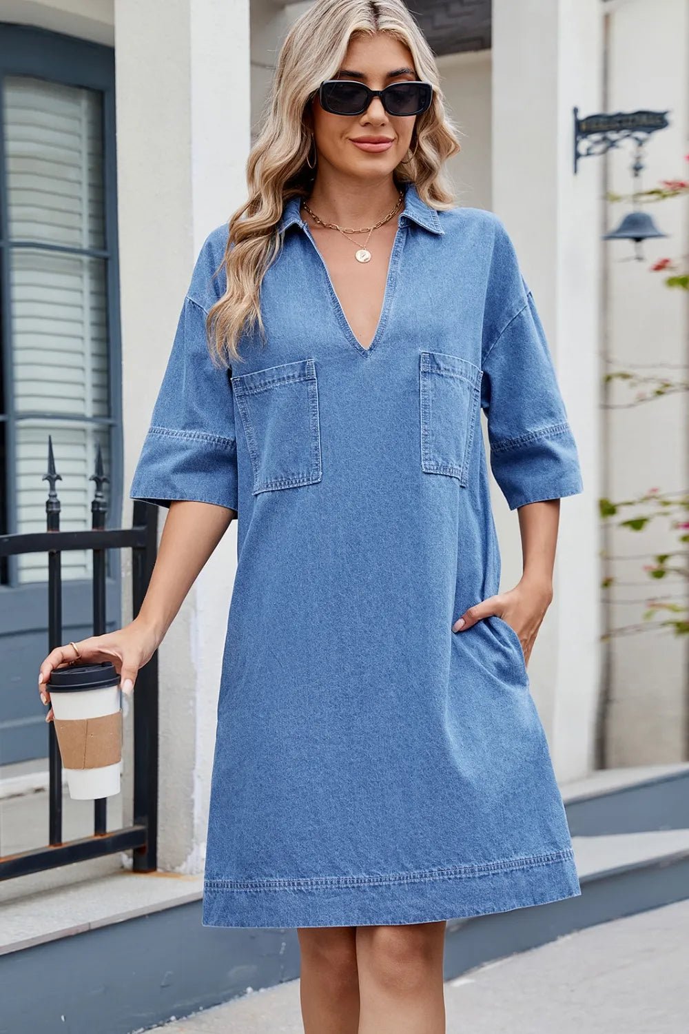 Johnny Collar Half Sleeve Denim Dress - Lara Moda
