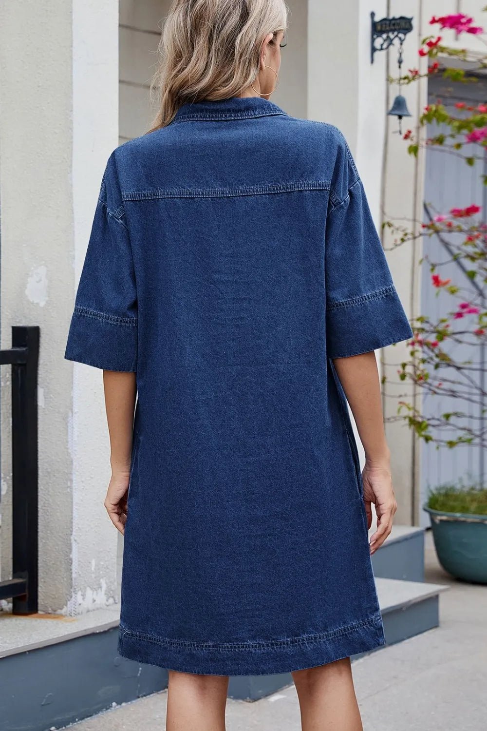 Johnny Collar Half Sleeve Denim Dress - Lara Moda
