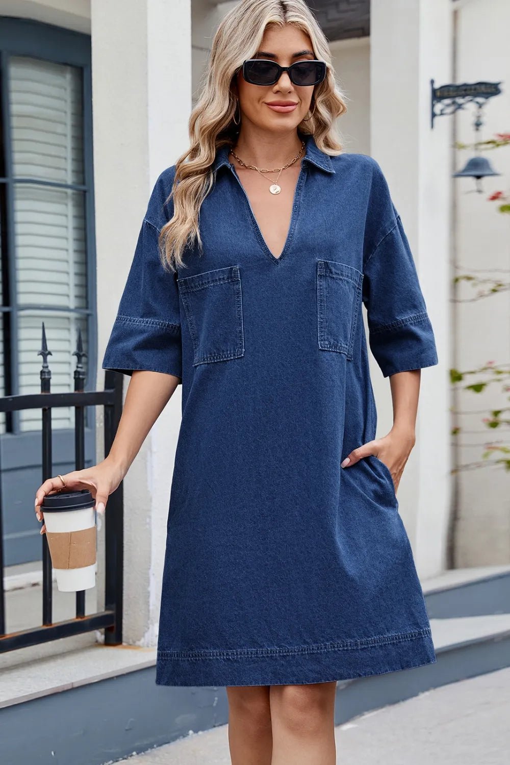 Johnny Collar Half Sleeve Denim Dress - Lara Moda