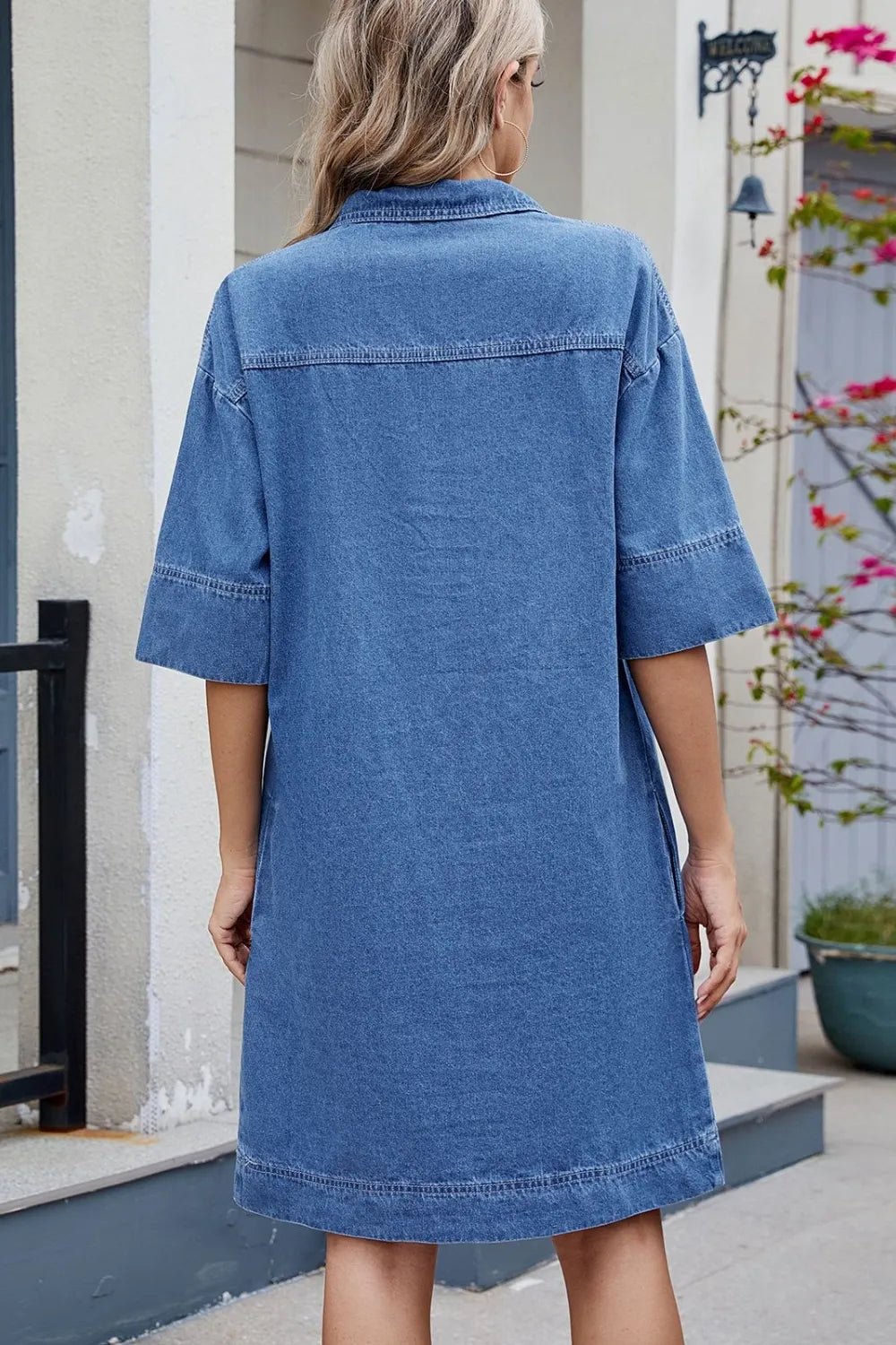 Johnny Collar Half Sleeve Denim Dress - Lara Moda