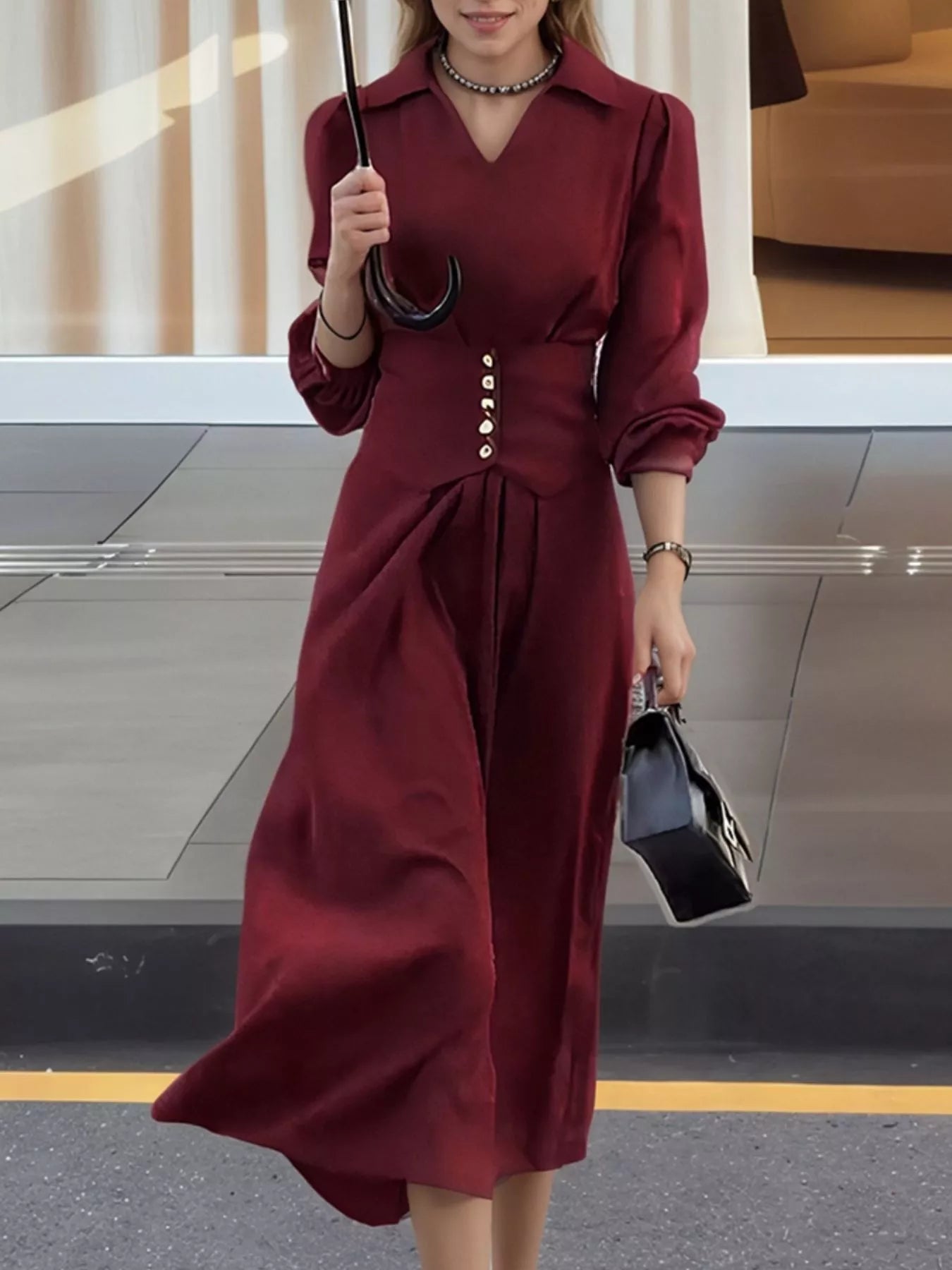 Johnny Collar Long Sleeve Dress - Lara Moda