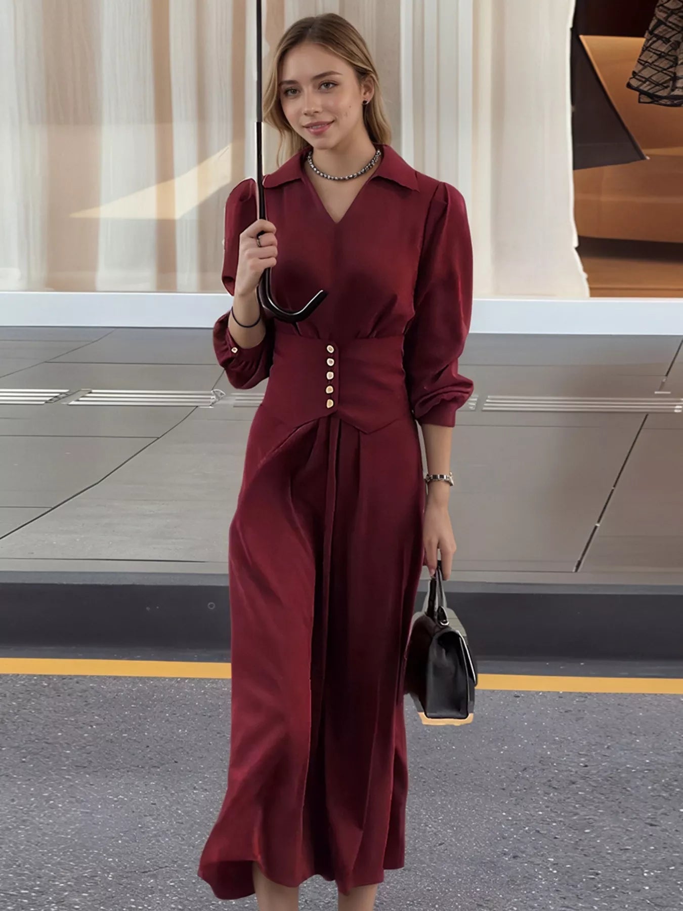 Johnny Collar Long Sleeve Dress - Lara Moda