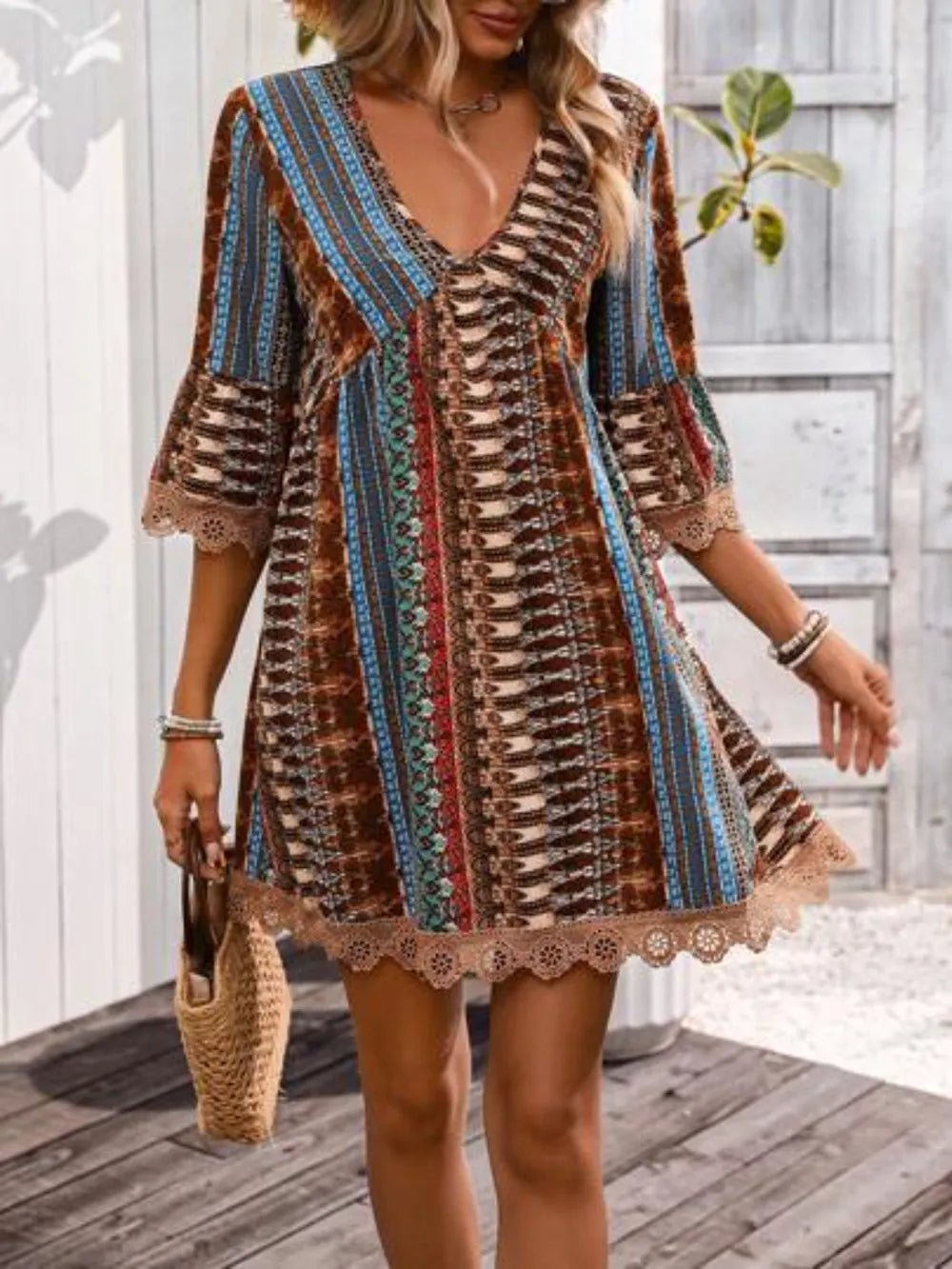 Lace Trim Printed V-Neck 3/4 Sleeve Dress - Lara Moda