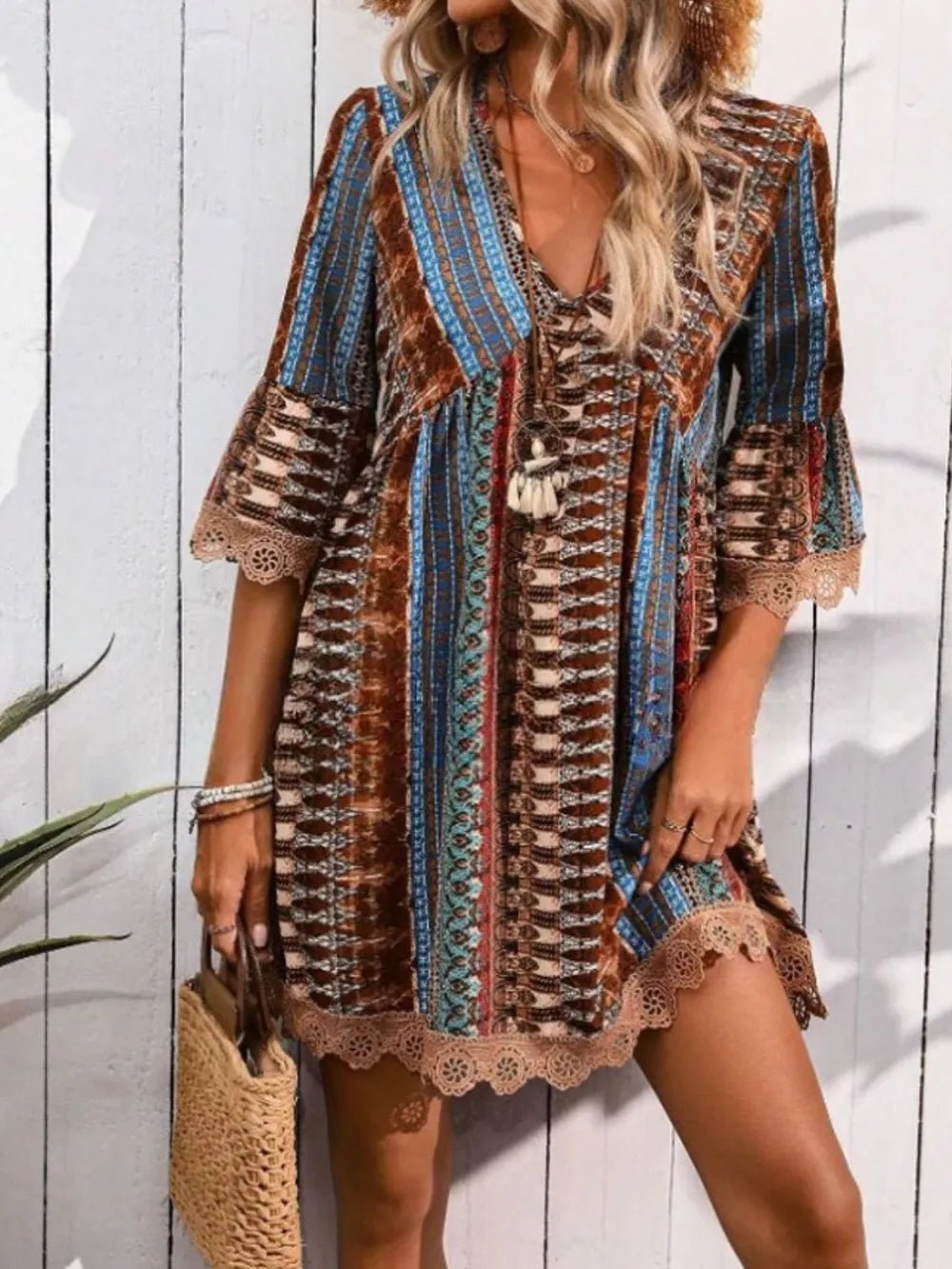Lace Trim Printed V-Neck 3/4 Sleeve Dress - Lara Moda