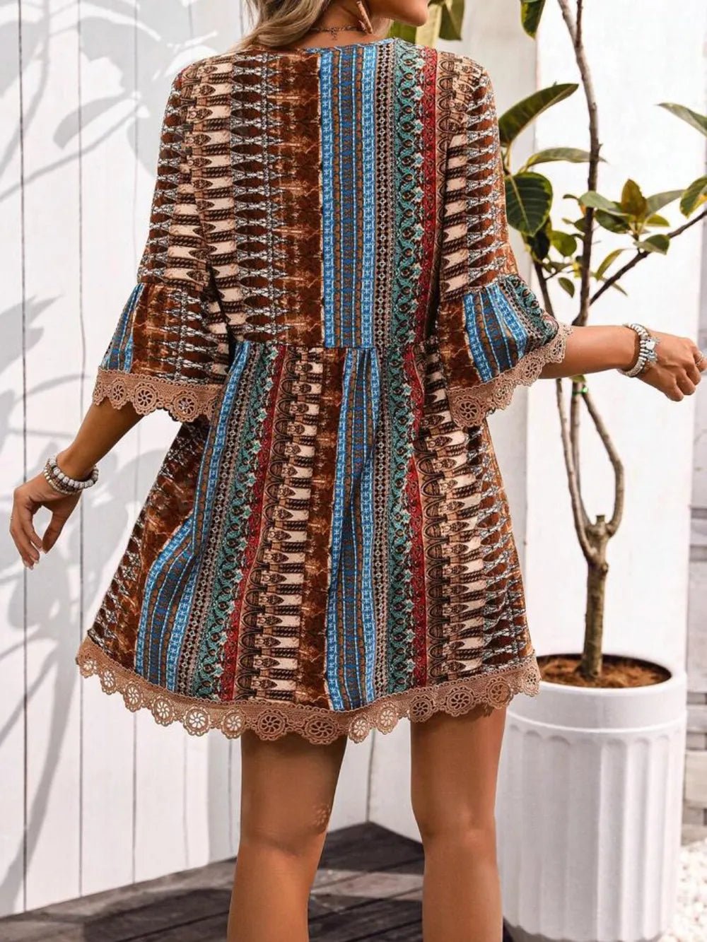Lace Trim Printed V-Neck 3/4 Sleeve Dress - Lara Moda