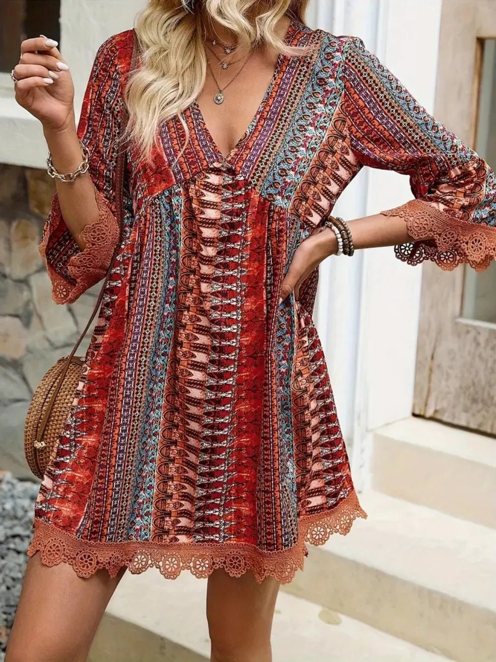 Lace Trim Printed V-Neck 3/4 Sleeve Dress - Lara Moda
