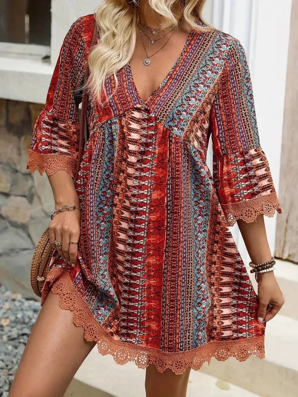 Lace Trim Printed V-Neck 3/4 Sleeve Dress - Lara Moda