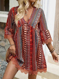 Lace Trim Printed V-Neck 3/4 Sleeve Dress - Lara Moda