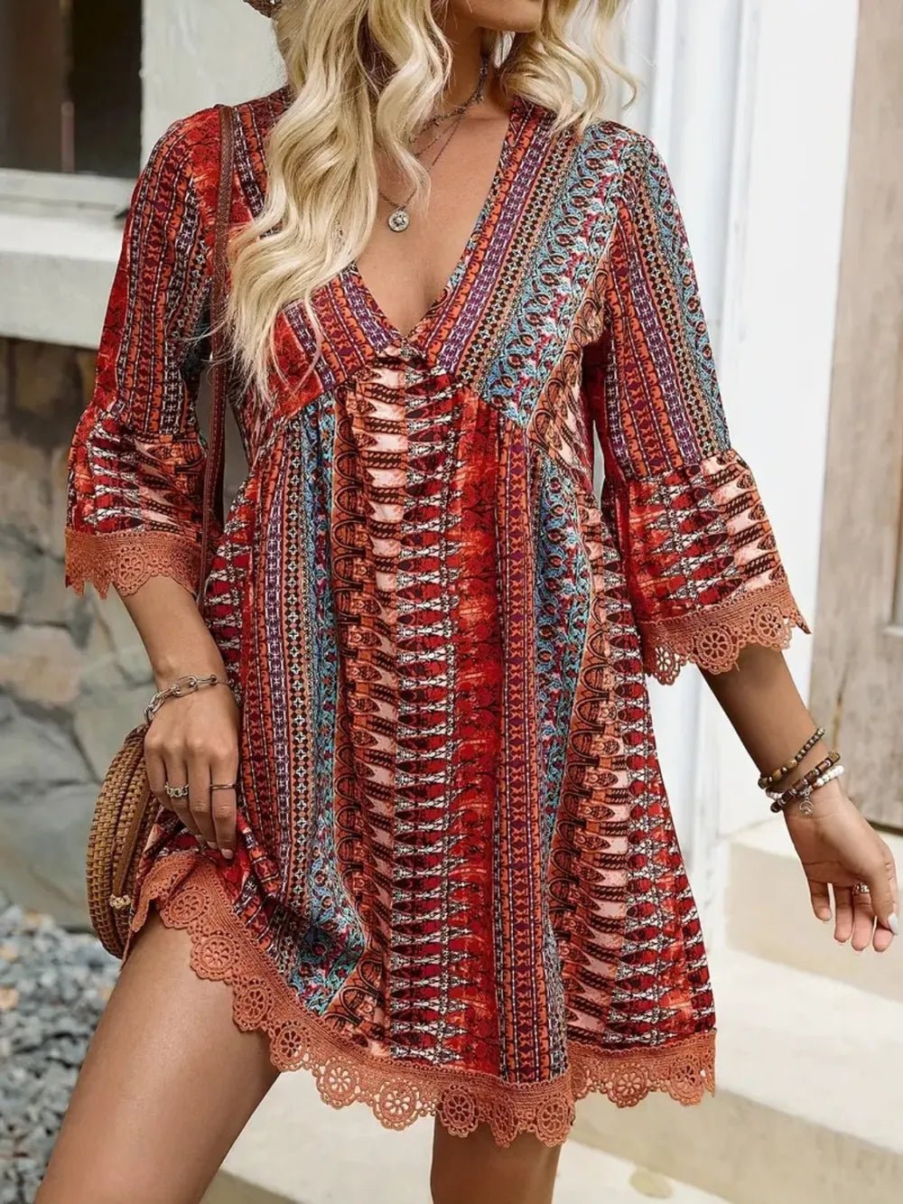 Lace Trim Printed V-Neck 3/4 Sleeve Dress - Lara Moda