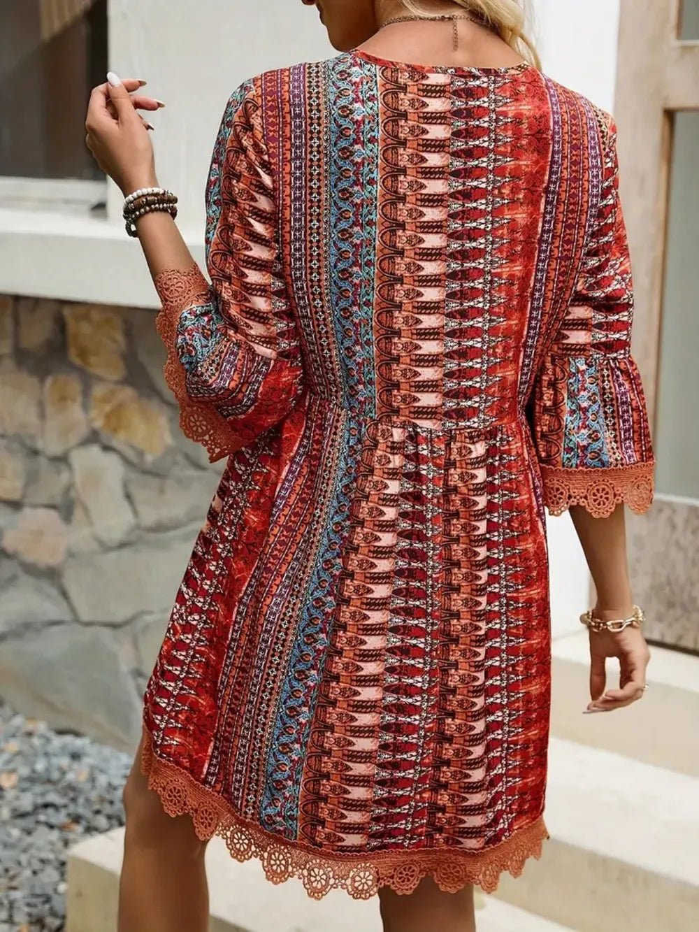 Lace Trim Printed V-Neck 3/4 Sleeve Dress - Lara Moda