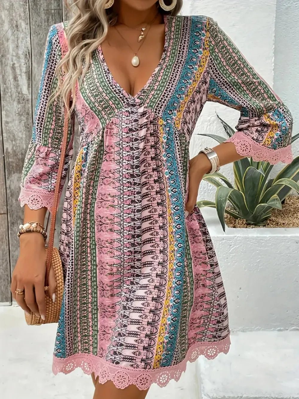 Lace Trim Printed V-Neck 3/4 Sleeve Dress - Lara Moda