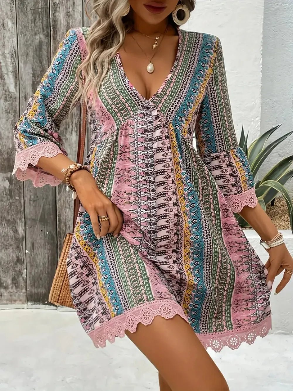 Lace Trim Printed V-Neck 3/4 Sleeve Dress - Lara Moda