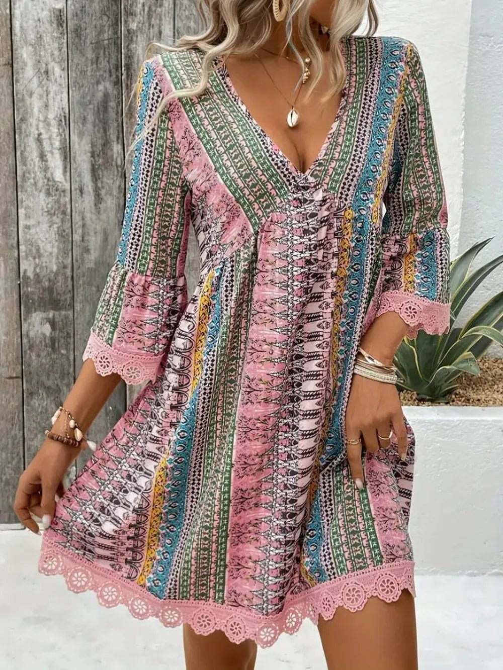 Lace Trim Printed V-Neck 3/4 Sleeve Dress - Lara Moda