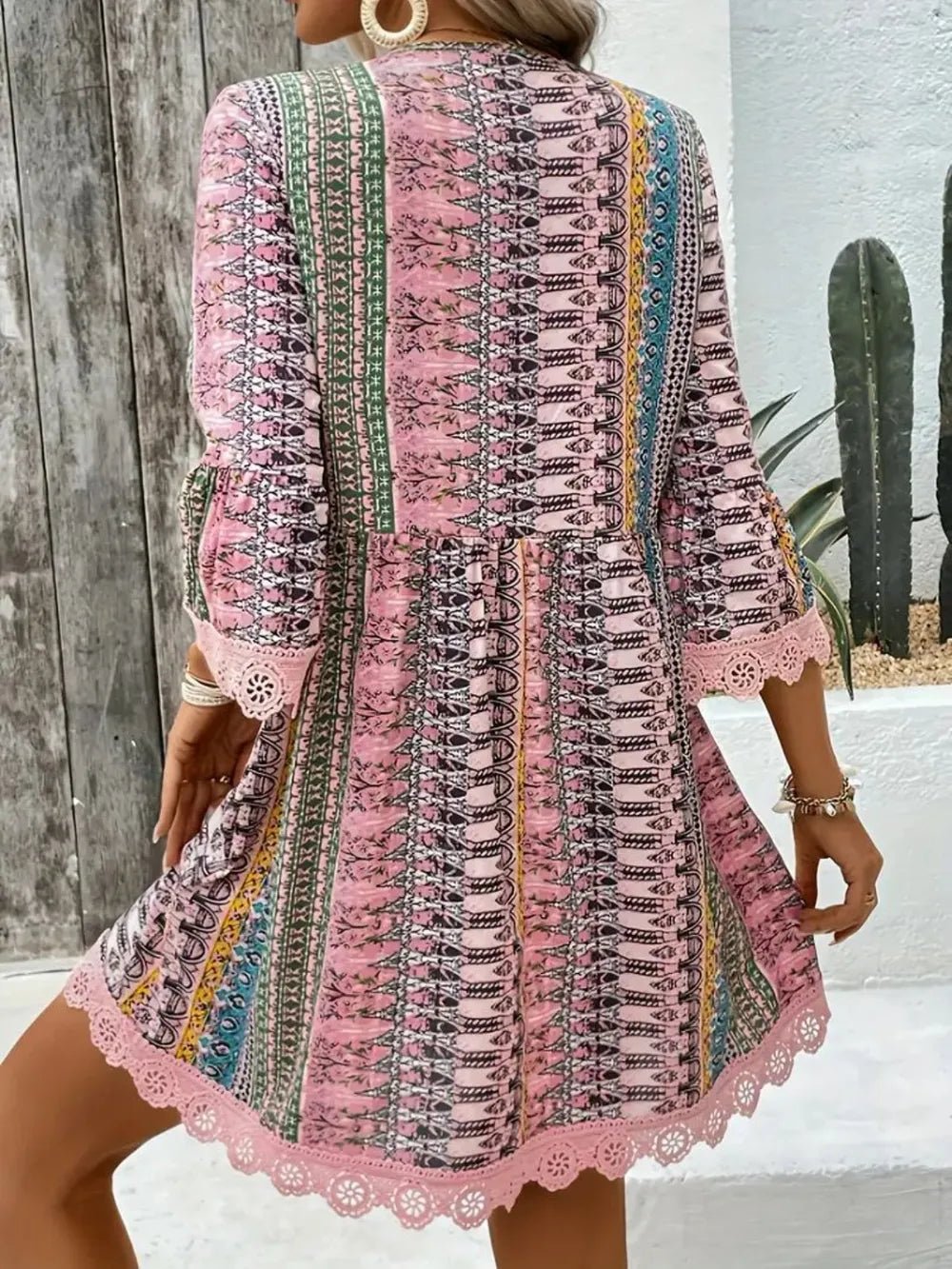 Lace Trim Printed V-Neck 3/4 Sleeve Dress - Lara Moda