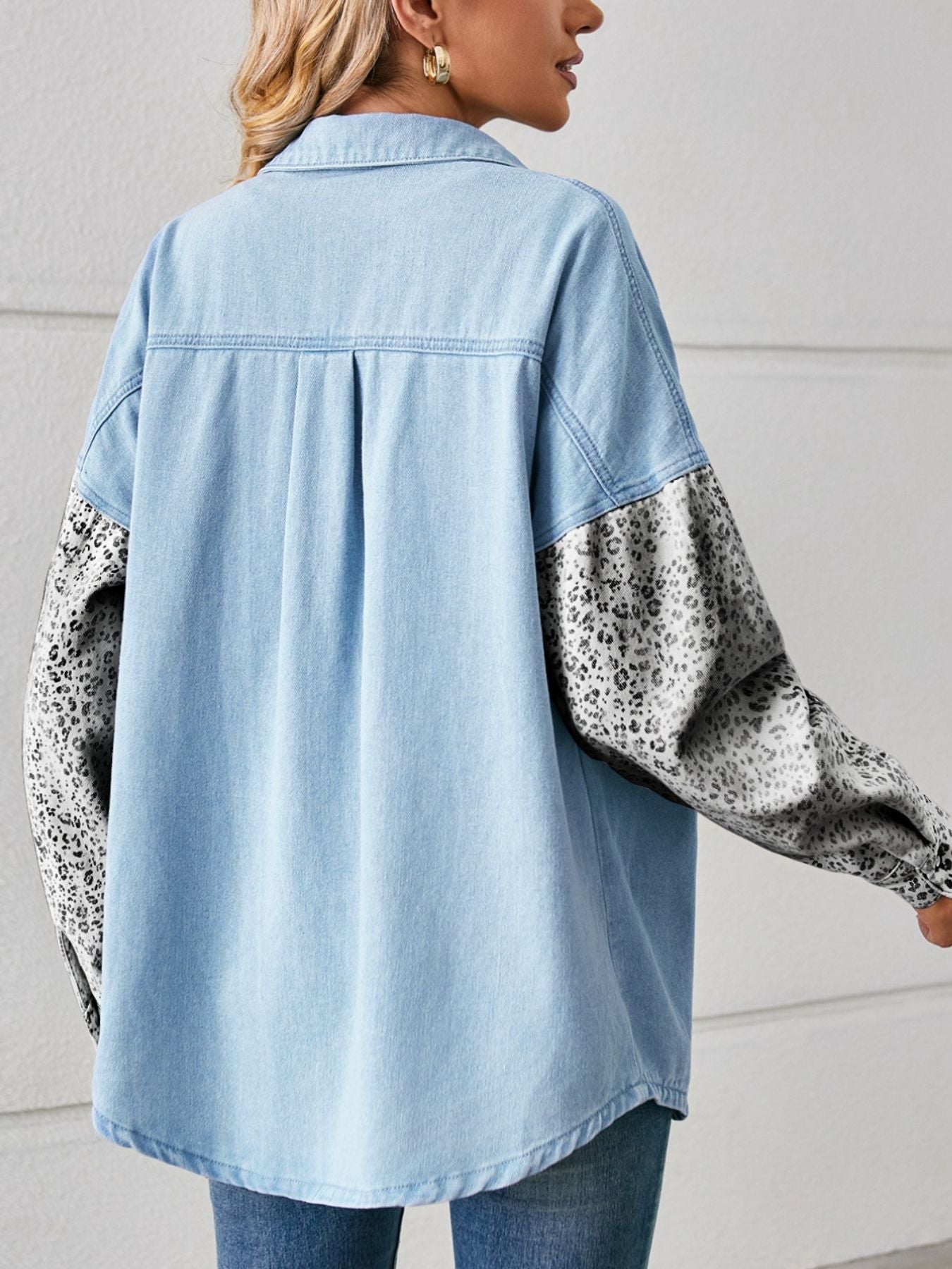 Leopard Patchwork Button Up Denim Shirt - Lara Moda