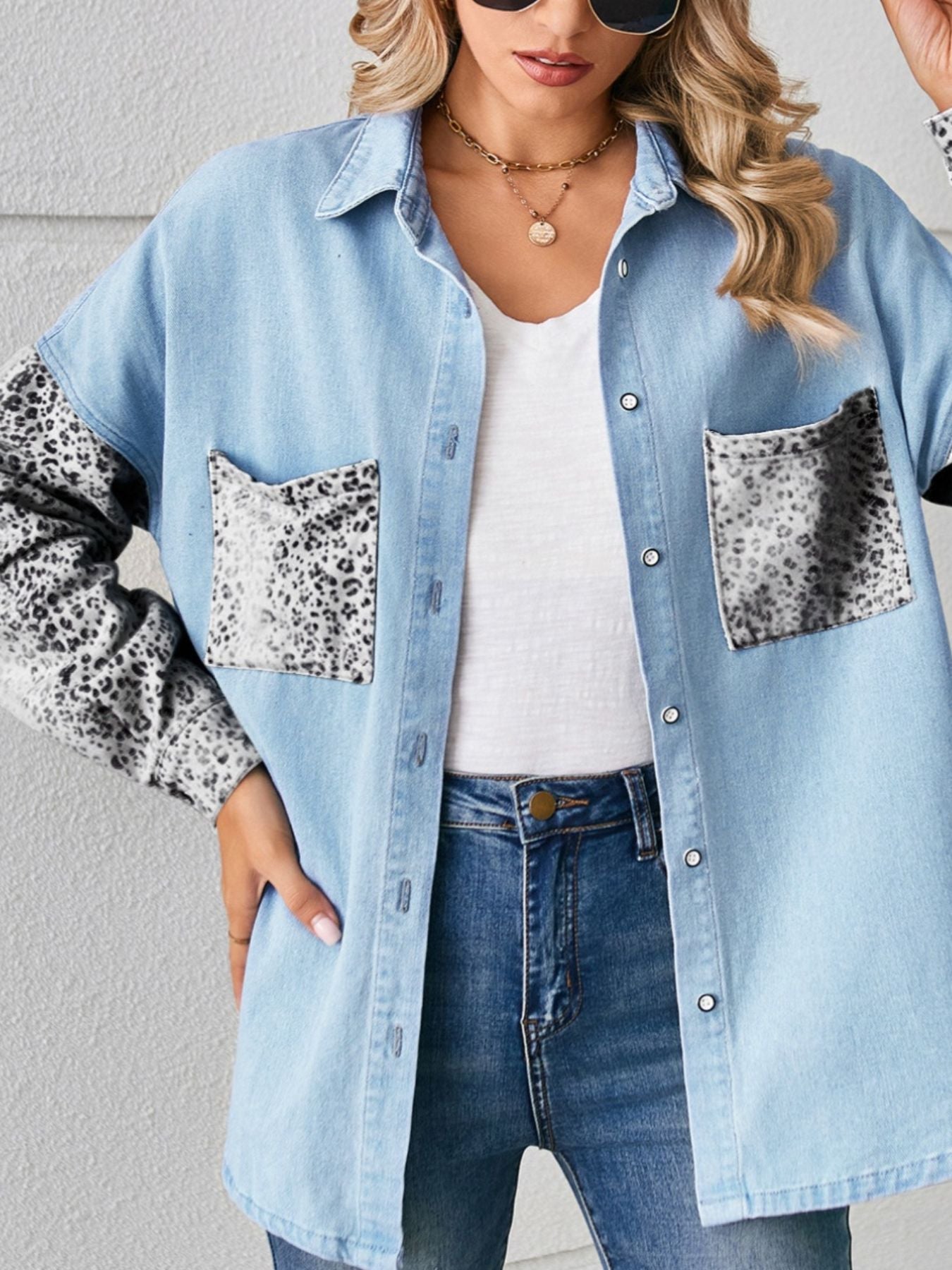 Leopard Patchwork Button Up Denim Shirt - Lara Moda
