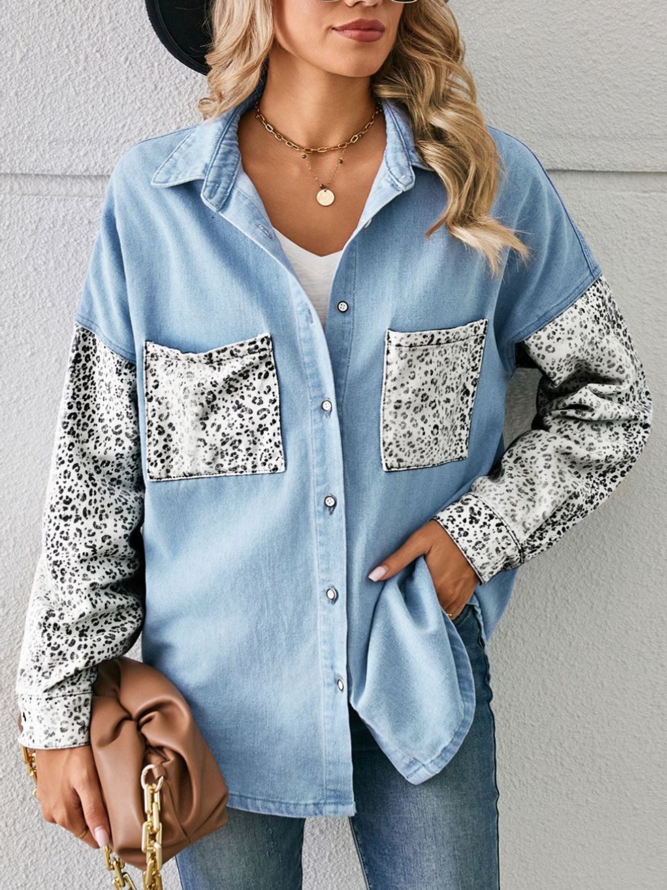 Leopard Patchwork Button Up Denim Shirt - Lara Moda