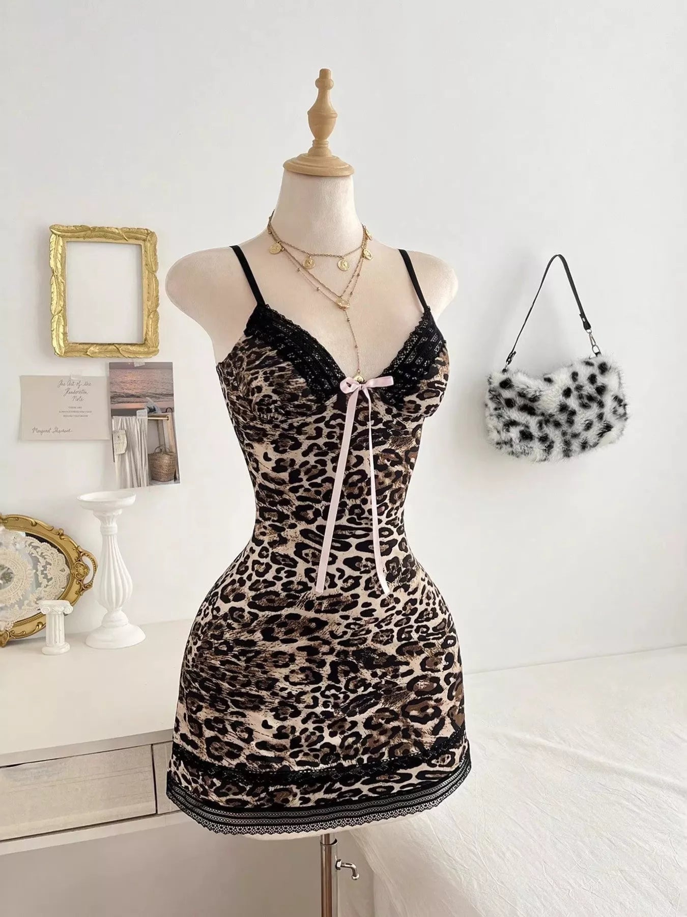 Leopard Print Lace Trim Mini Dress - Lara Moda