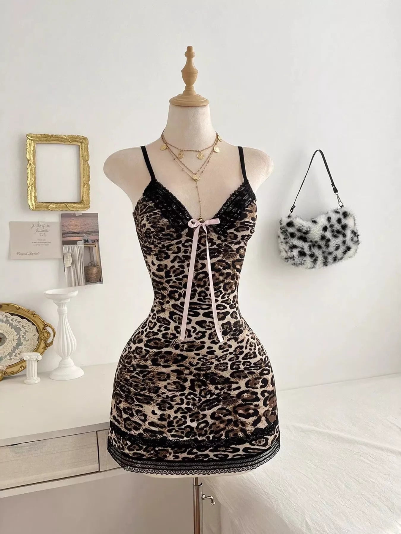 Leopard Print Lace Trim Mini Dress - Lara Moda