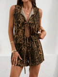 Leopard Print Tie Front Tank and Shorts Denim Set - Lara Moda