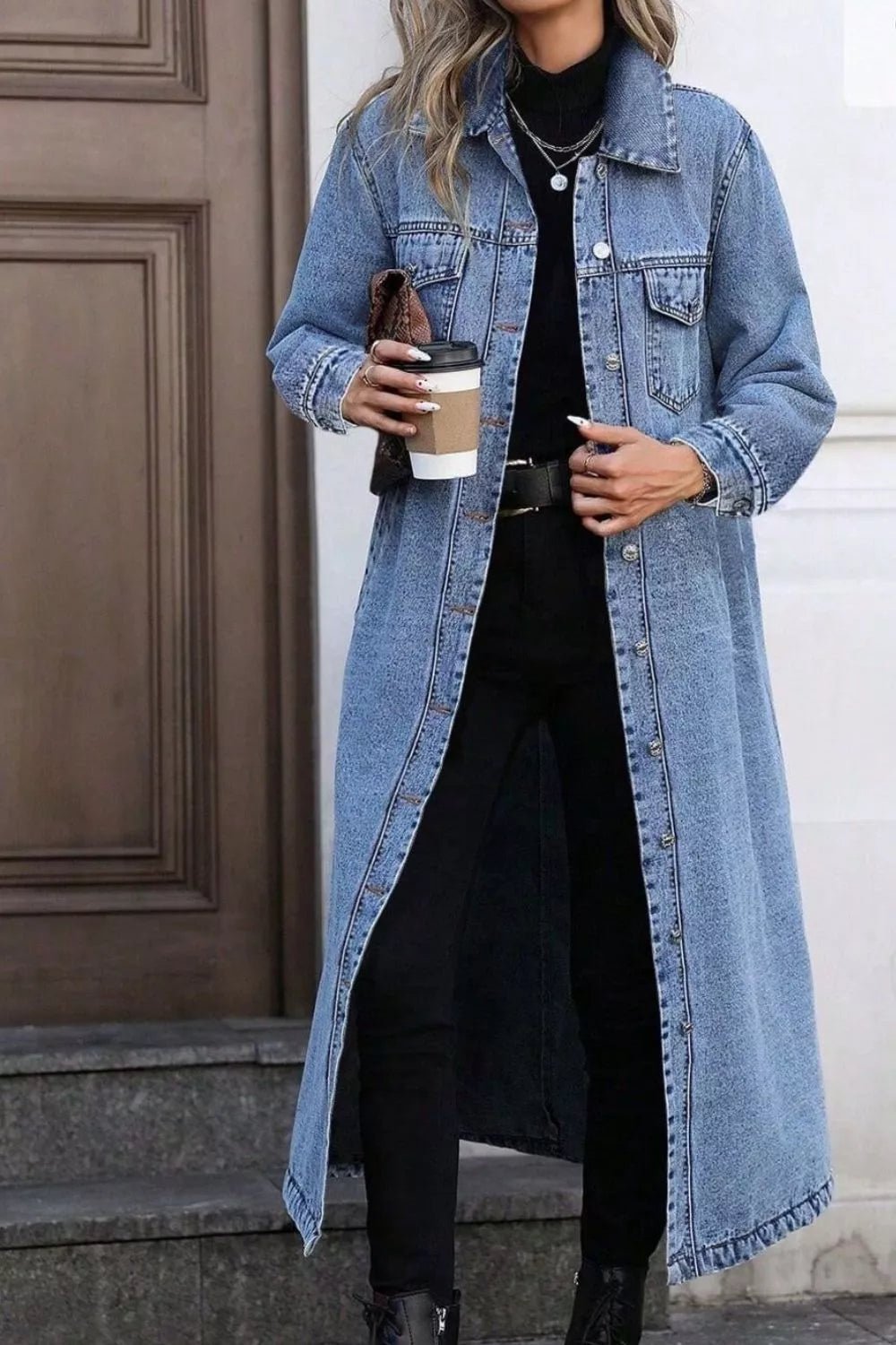 Longline Button-Down Denim Jacket - Lara Moda