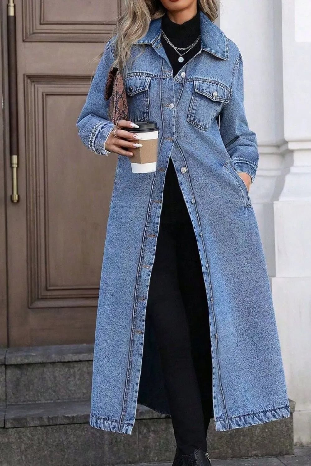 Longline Button-Down Denim Jacket - Lara Moda
