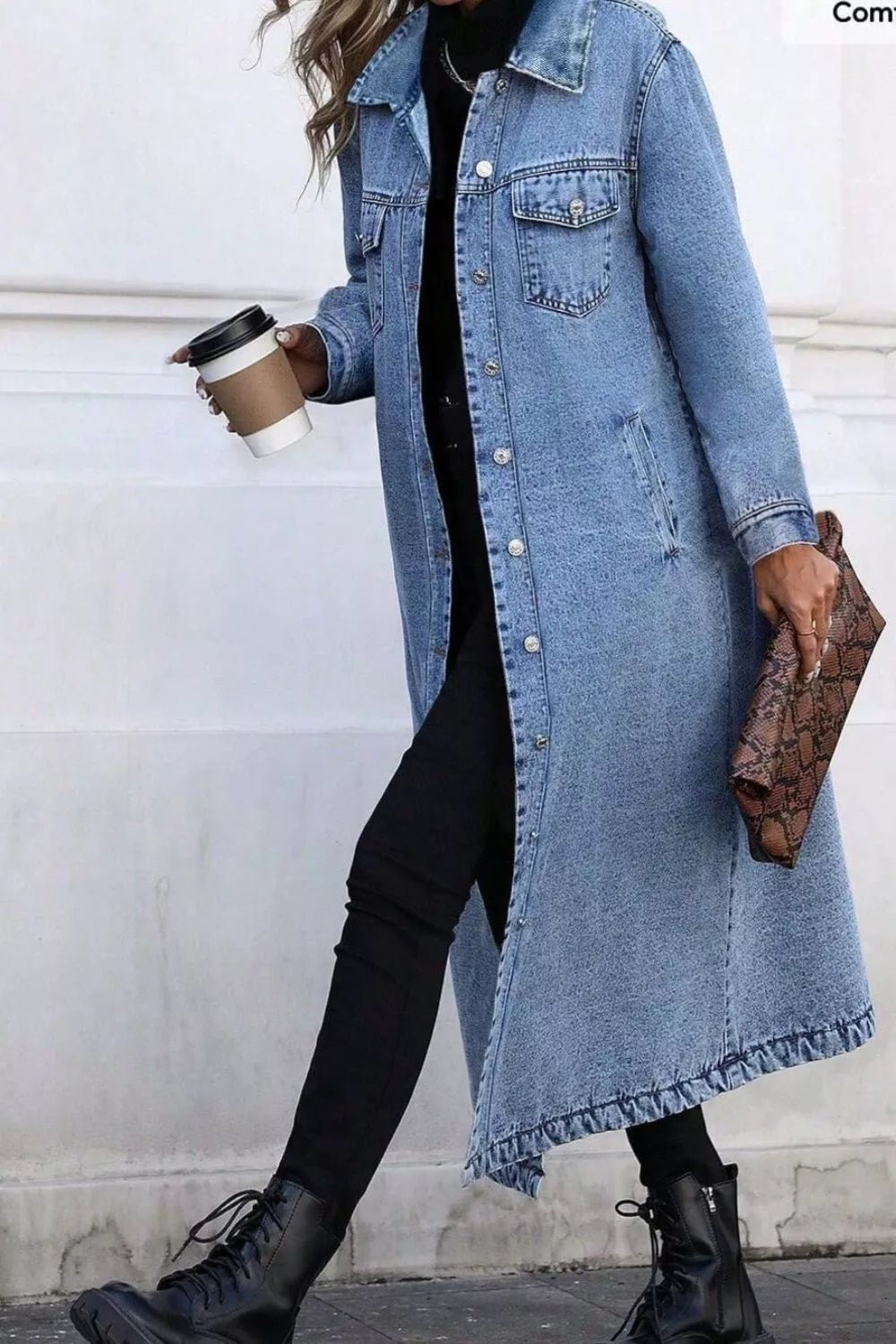 Longline Button-Down Denim Jacket - Lara Moda
