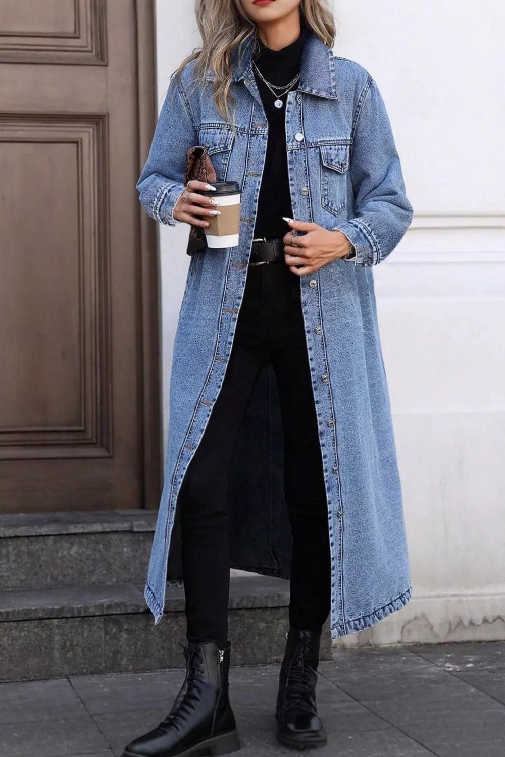 Longline Button-Down Denim Jacket - Lara Moda