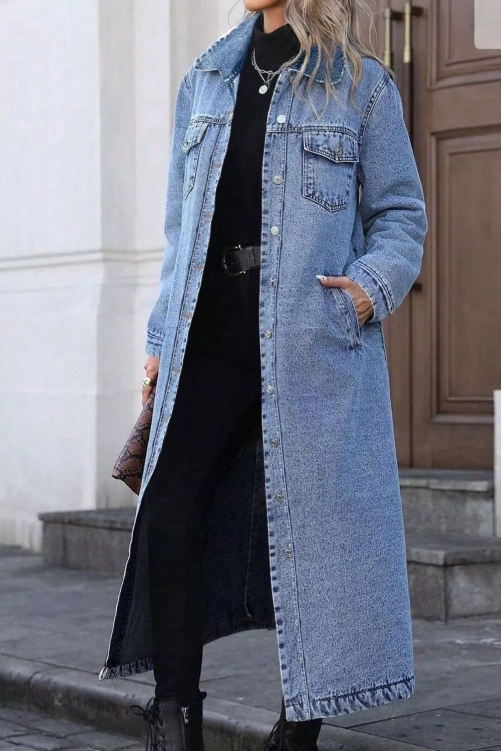 Longline Button-Down Denim Jacket - Lara Moda