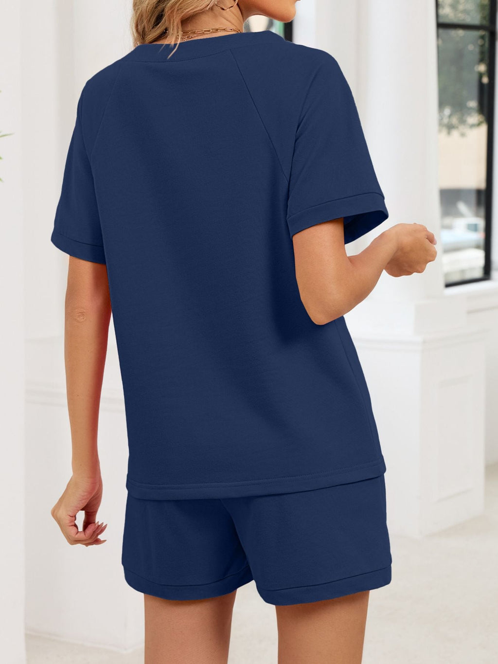 Notched Short Sleeve Top and Shorts Set - Lara Moda