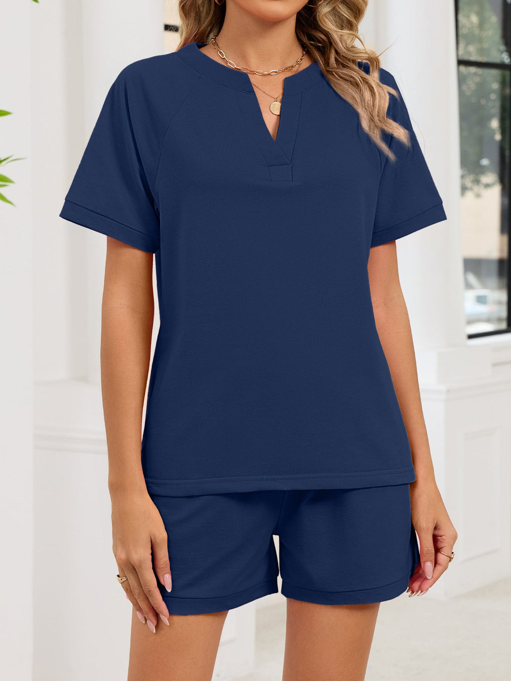 Notched Short Sleeve Top and Shorts Set - Lara Moda