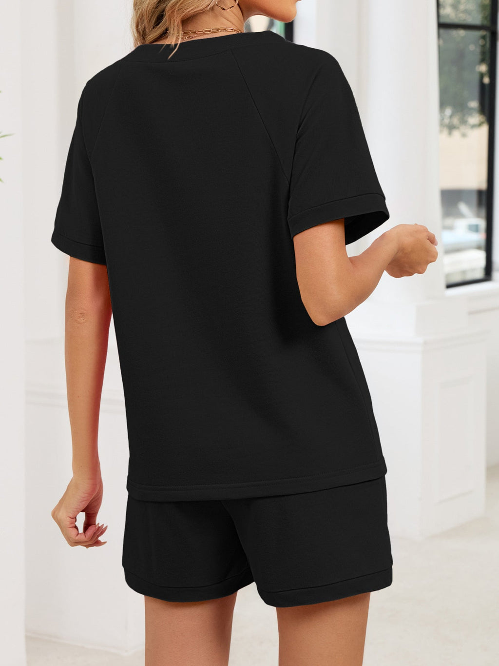 Notched Short Sleeve Top and Shorts Set - Lara Moda