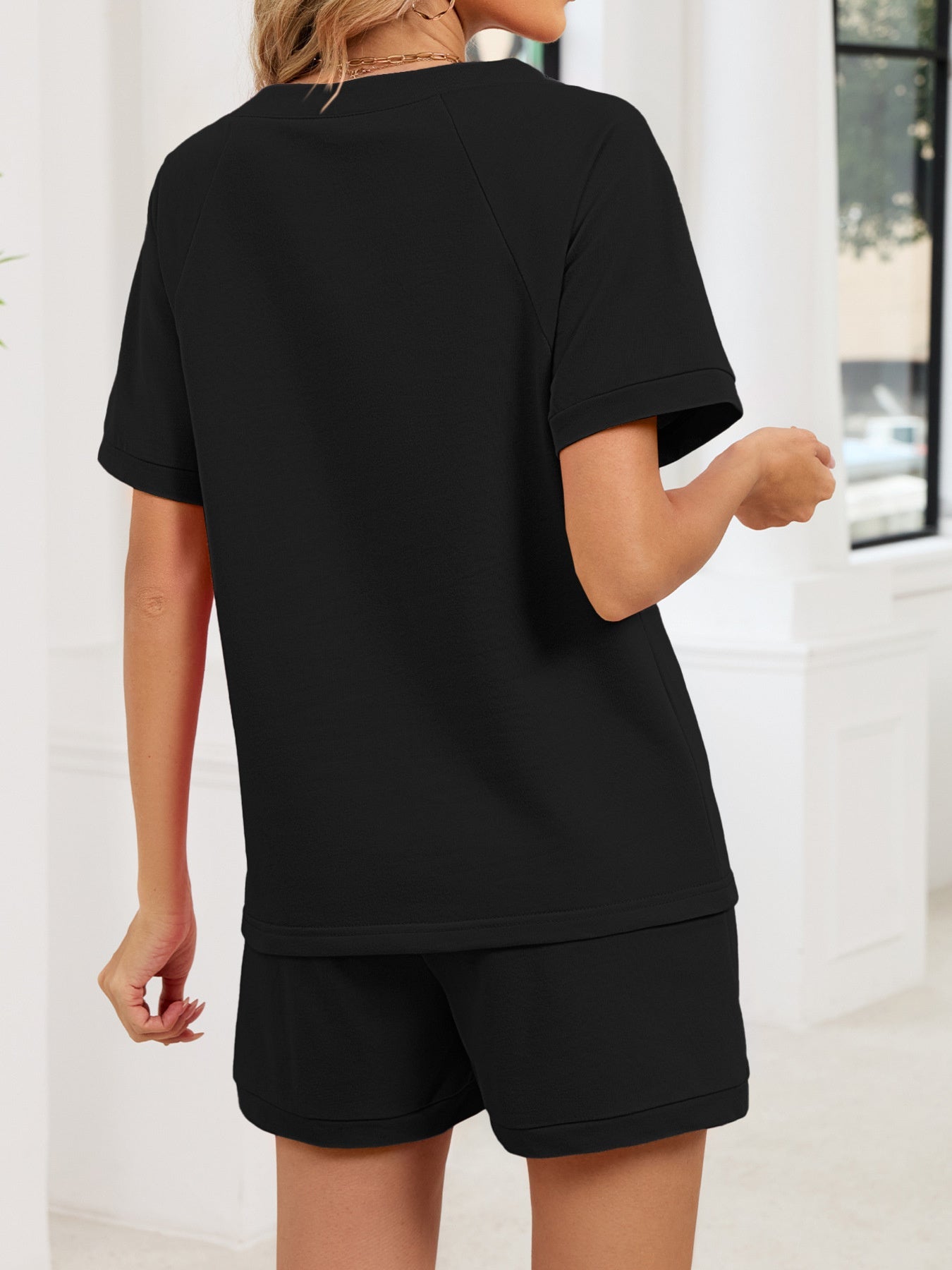 Notched Short Sleeve Top and Shorts Set - Lara Moda