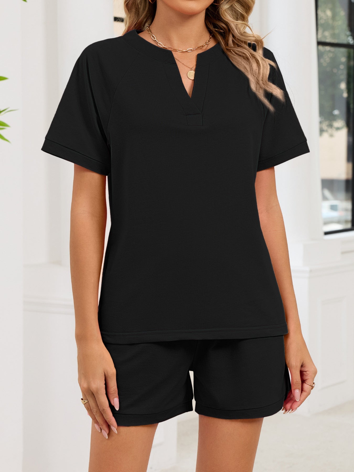 Notched Short Sleeve Top and Shorts Set - Lara Moda