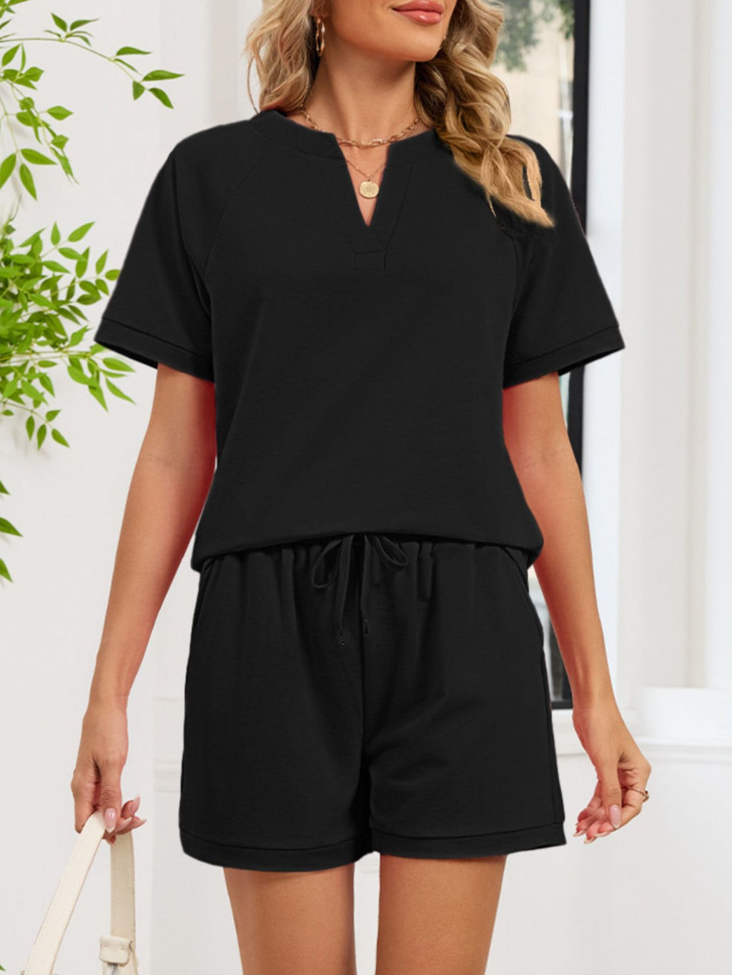 Notched Short Sleeve Top and Shorts Set - Lara Moda
