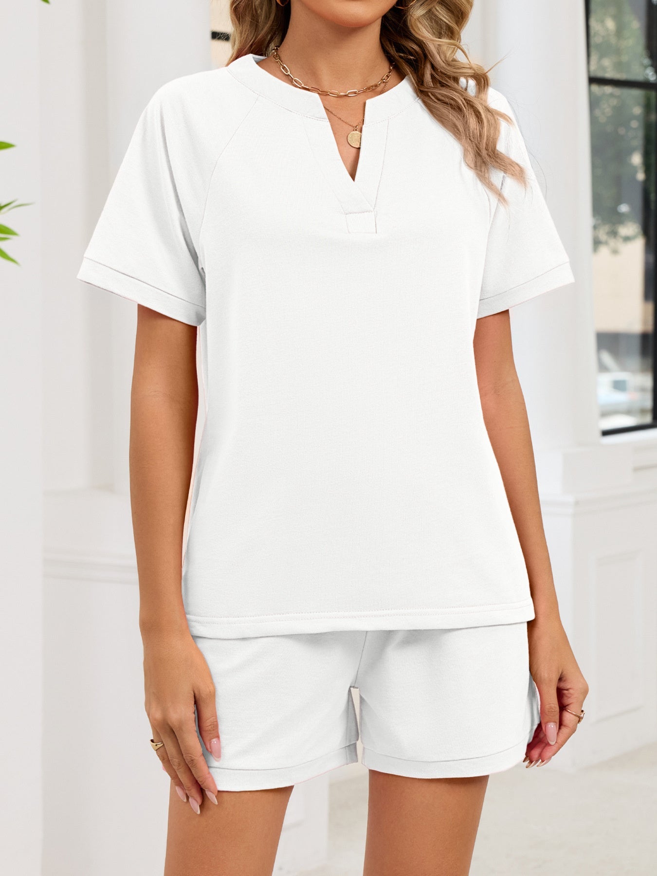 Notched Short Sleeve Top and Shorts Set - Lara Moda