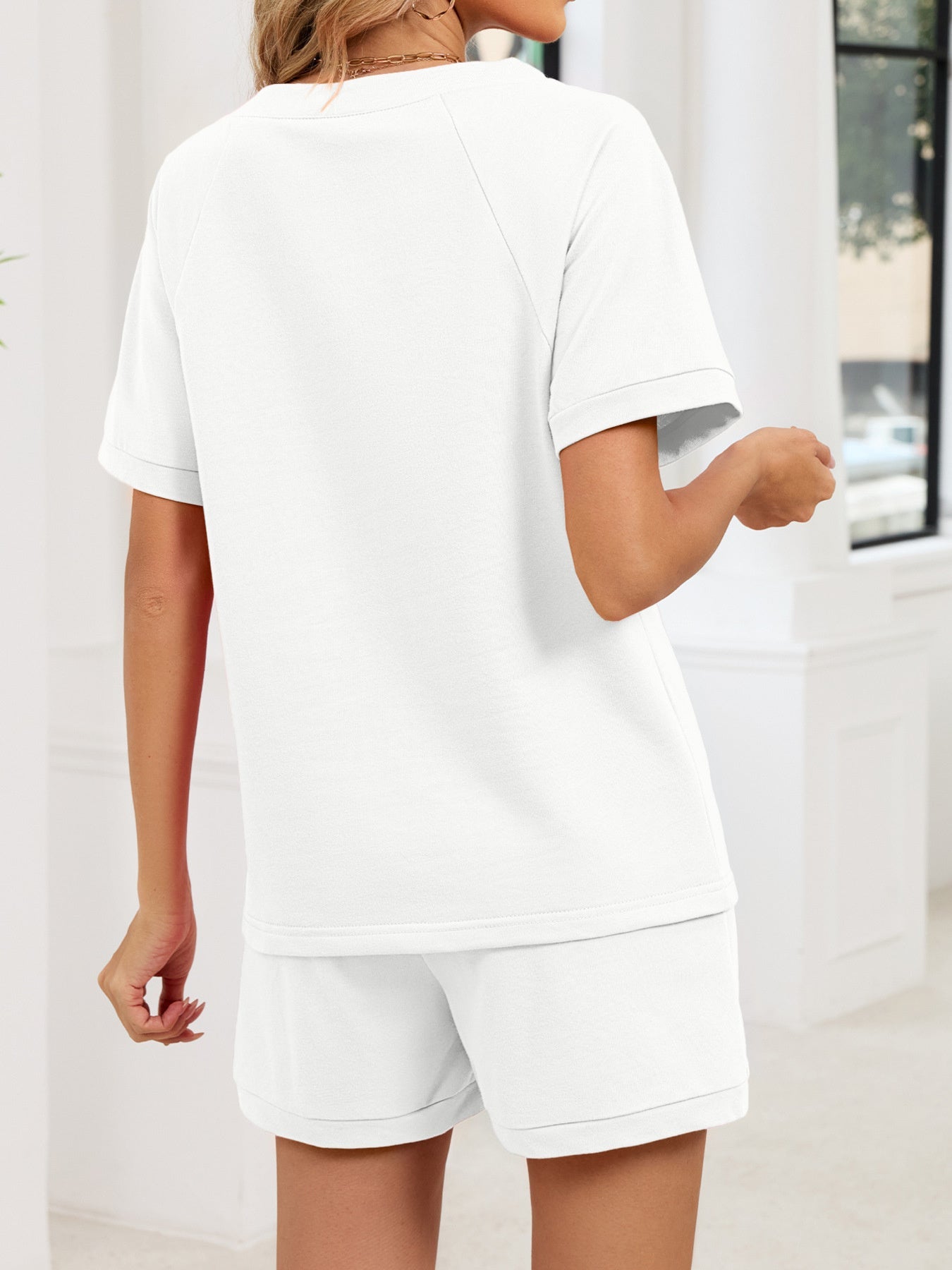 Notched Short Sleeve Top and Shorts Set - Lara Moda