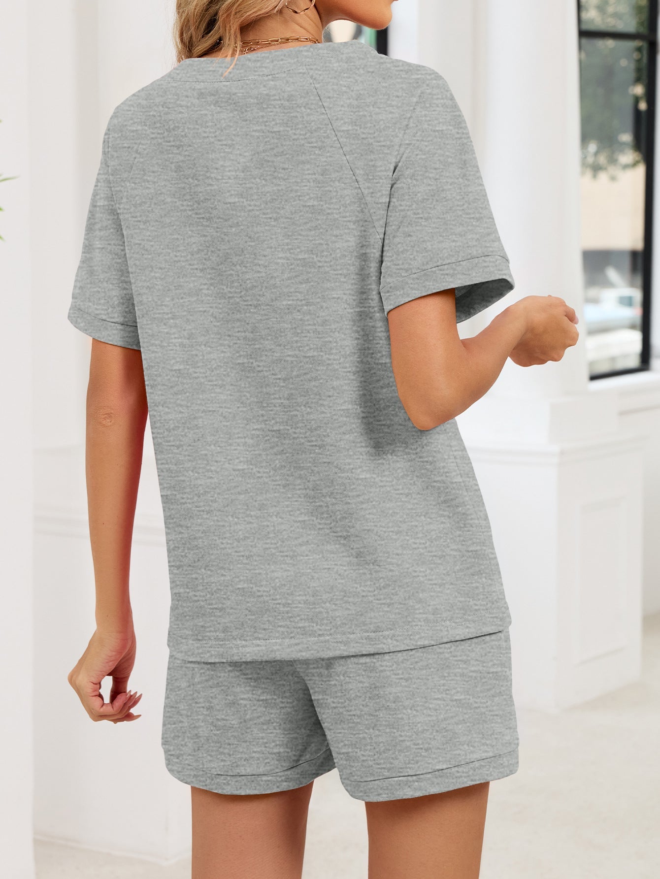 Notched Short Sleeve Top and Shorts Set - Lara Moda