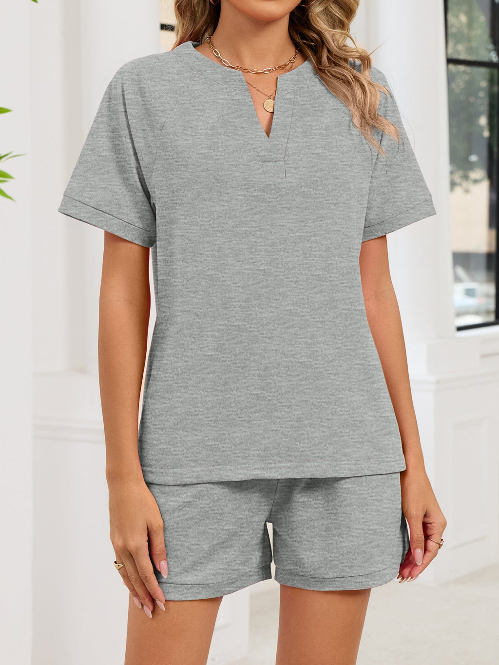 Notched Short Sleeve Top and Shorts Set - Lara Moda