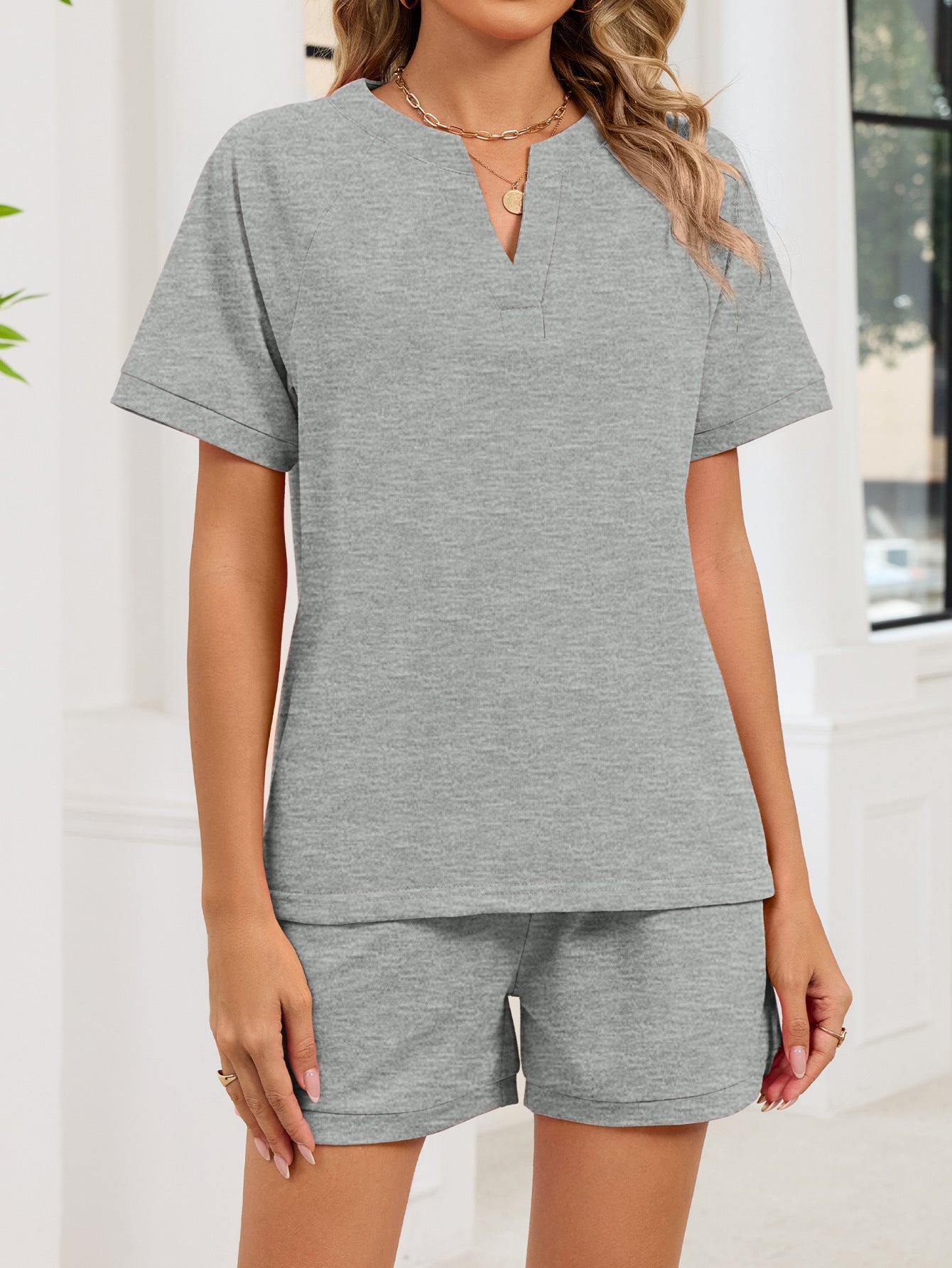 Notched Short Sleeve Top and Shorts Set - Lara Moda