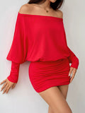 Off-Shoulder Ruched Bodycon Mini Dress - Lara Moda
