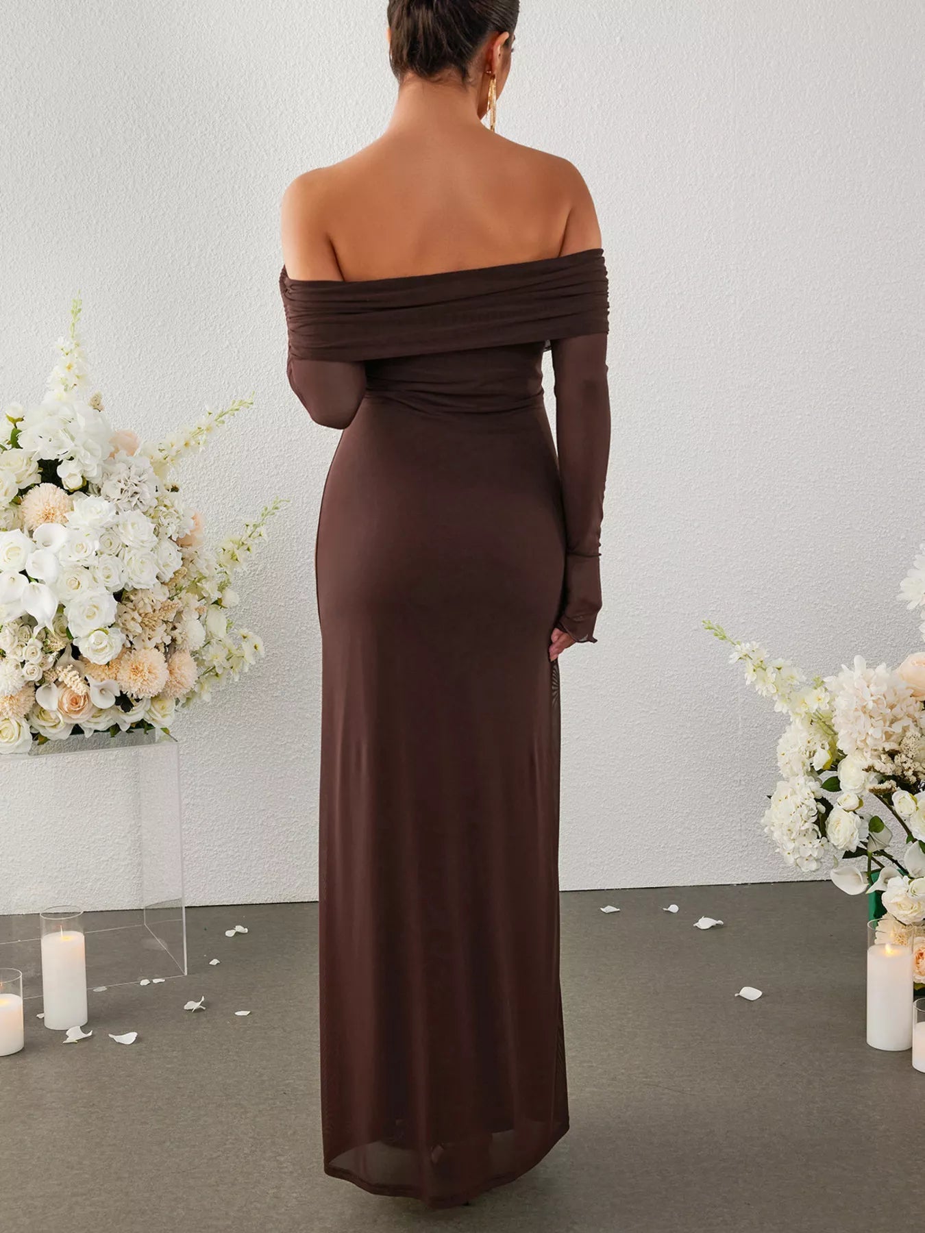 Off-Shoulder Ruched Long Sleeve Maxi Dress - Lara Moda