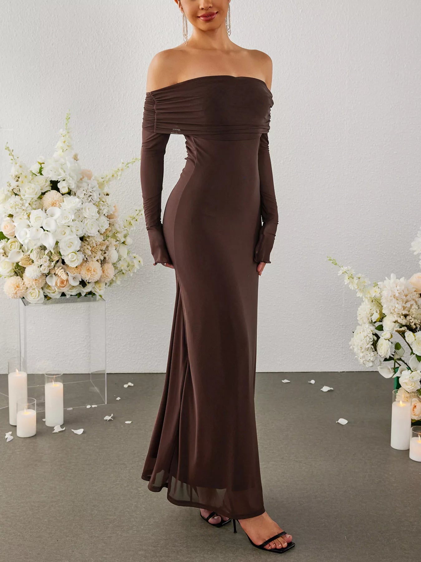 Off-Shoulder Ruched Long Sleeve Maxi Dress - Lara Moda