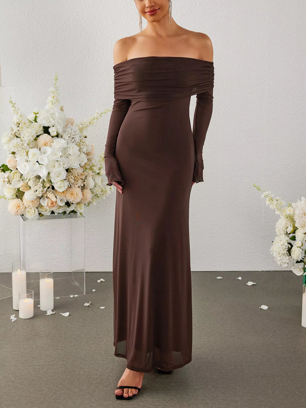 Off-Shoulder Ruched Long Sleeve Maxi Dress - Lara Moda